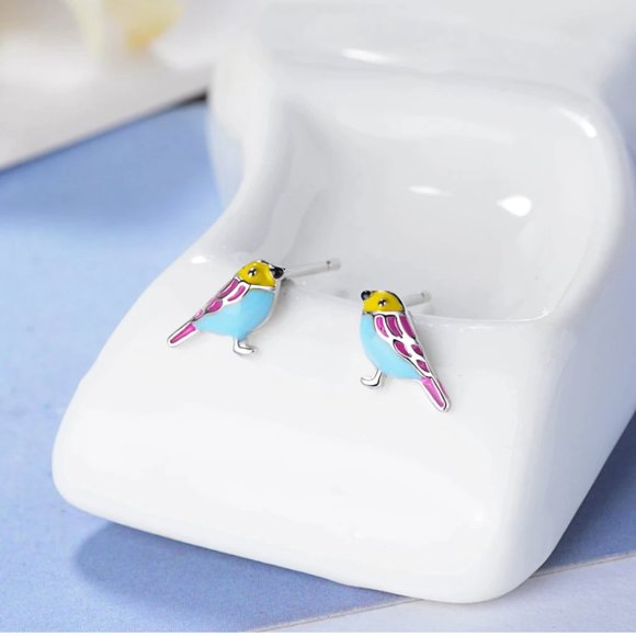 NEW 925 S Silver Cute Little Glazed Bird Earring - Picture 3 of 10